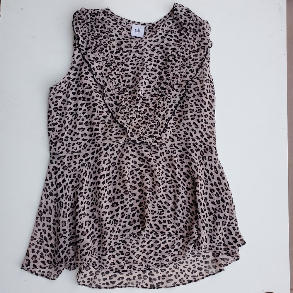 Cabi Small Flutter Blouse Layered Sheer Leopard Cheetah Flowy Sleeveless Top